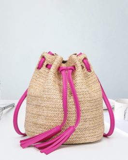 Bohemian Drawstring Straw Bucket Bag