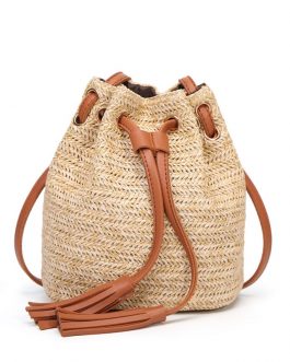 Bohemian Drawstring Straw Bucket Bag