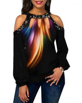 Hollow Out Beading Feather Print Top